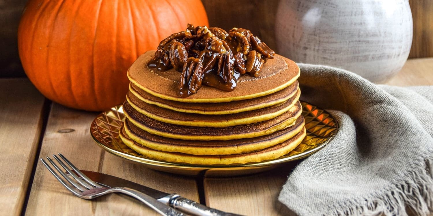 Pumpkin pancakes with caramelized pecans