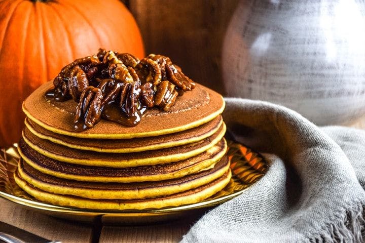Pumpkin pancakes with caramelized pecans