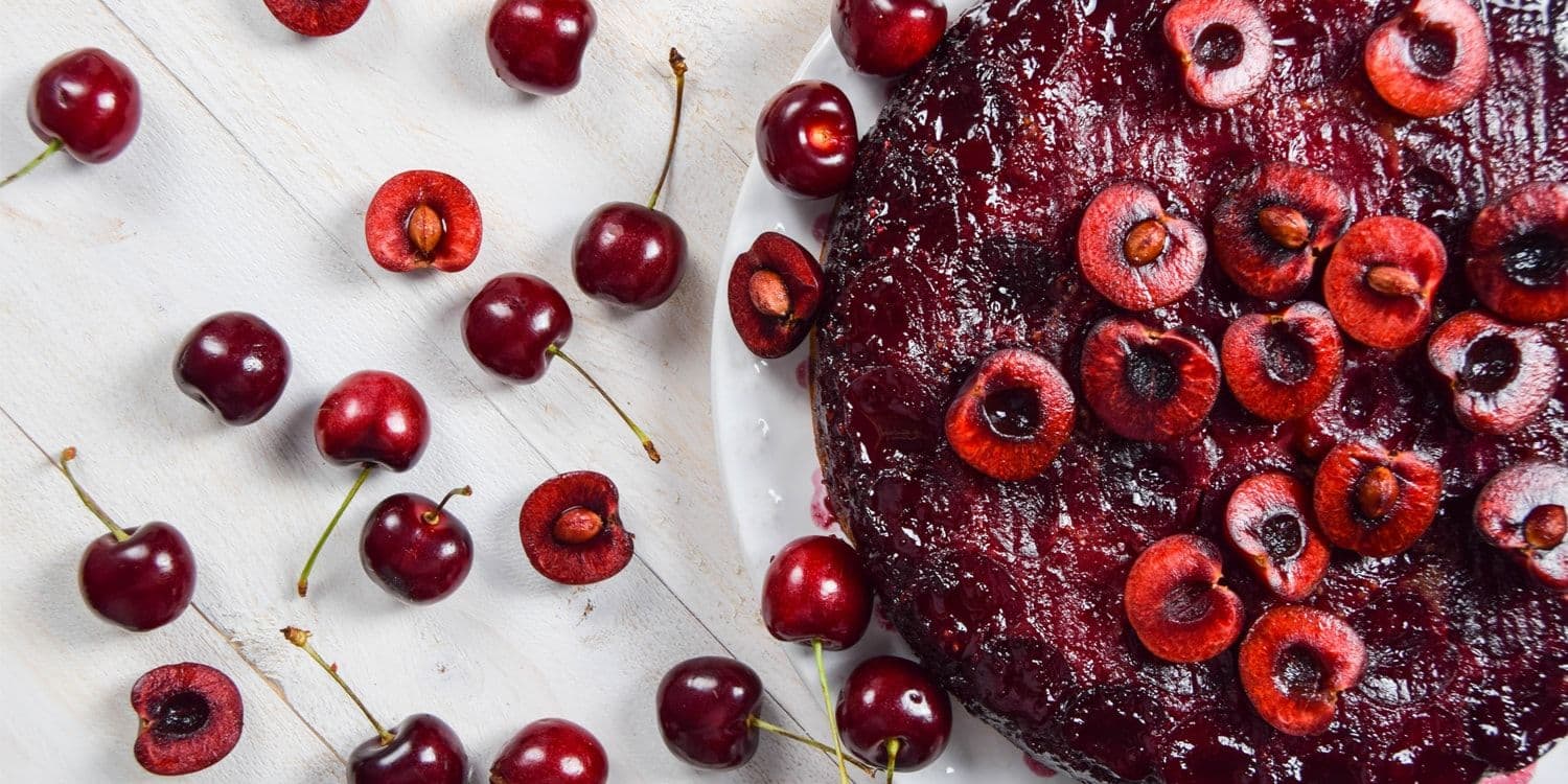 Upside-down sweet cherry cornmeal cake