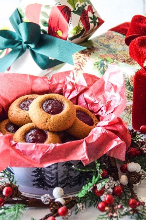 Gingerbread thumbprint cookies with cranberry jam